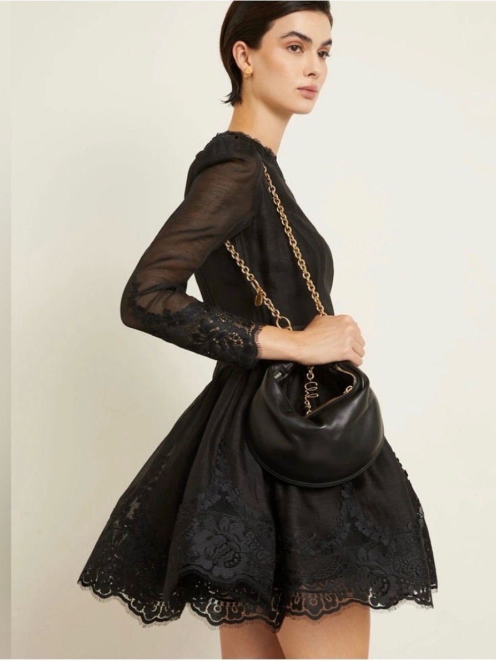 Zimmermann Hypnotic Black Lace-Trim Belted Long Sleeve Mini Dress AU 0